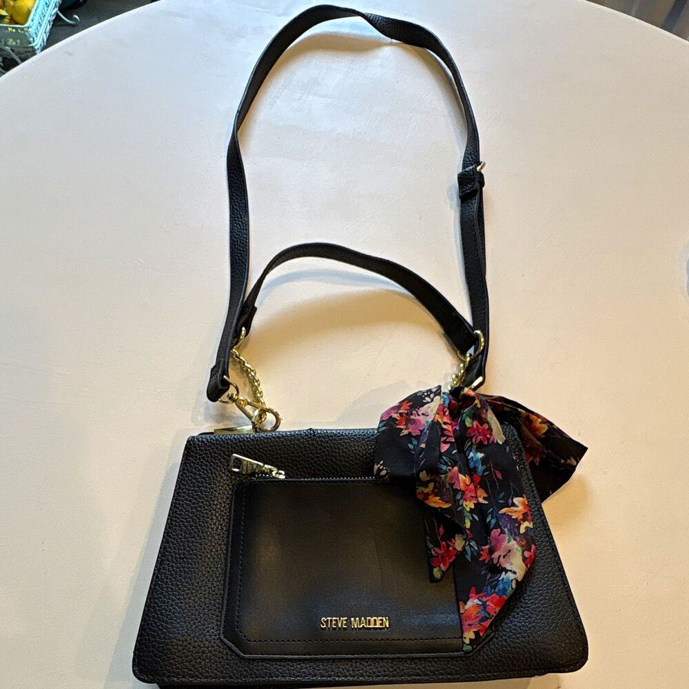 Steve Madden Black Pebbled Top Handle Satchel Detachable Crossbody Floral